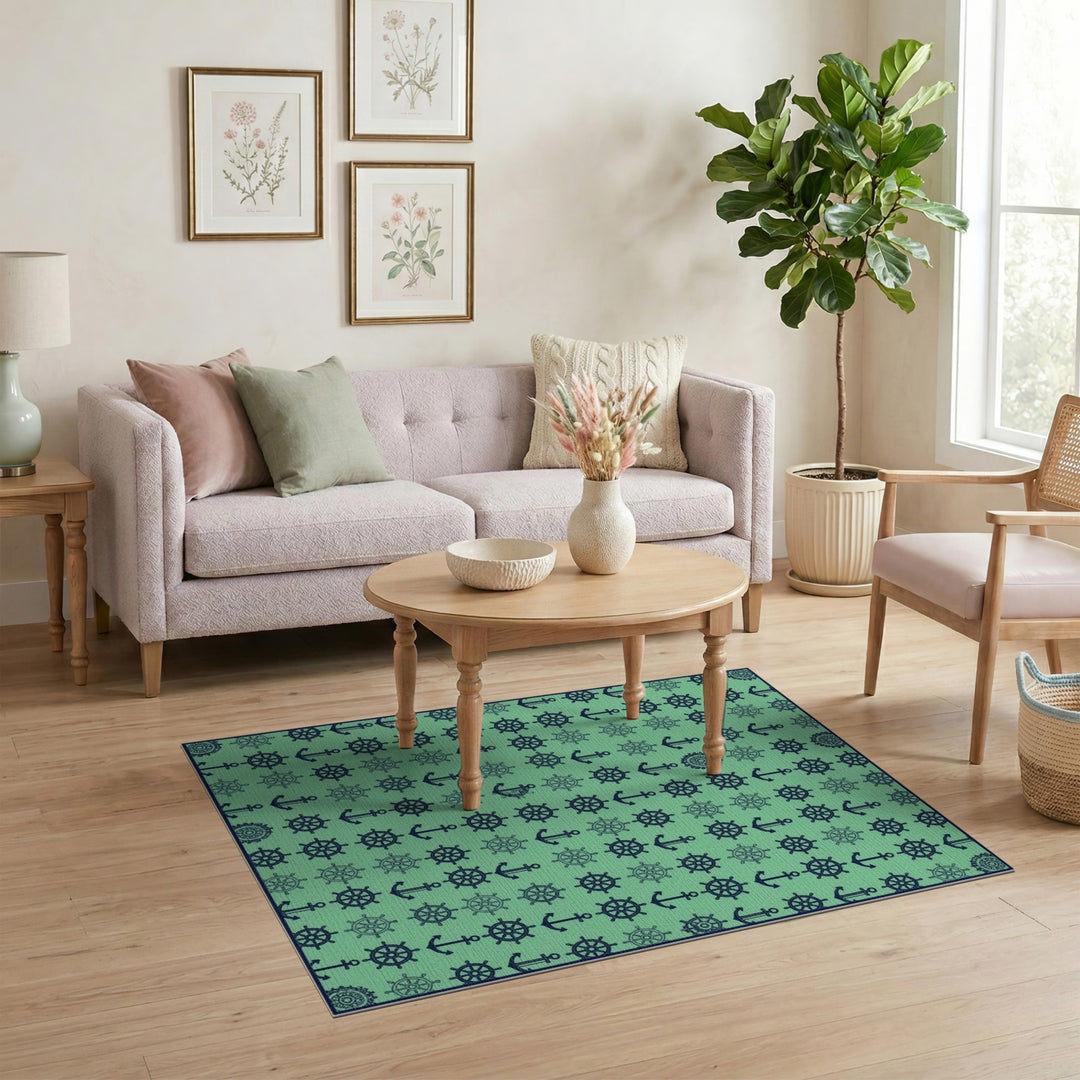 Nautical Teal Anchor Ship Wheel Area Rug