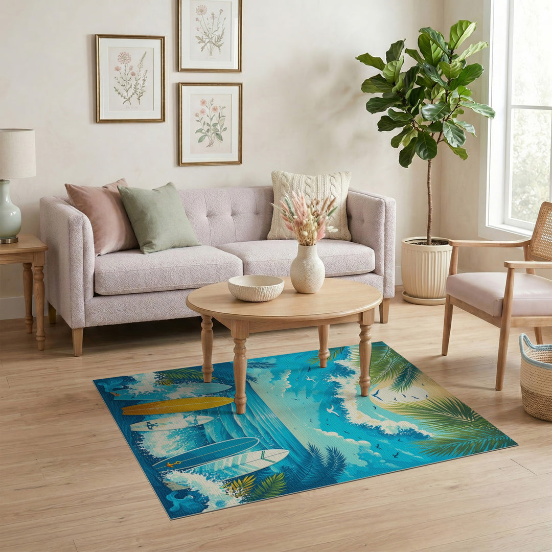 Blue Surfboard Waves Coastal Beach Area Rug
