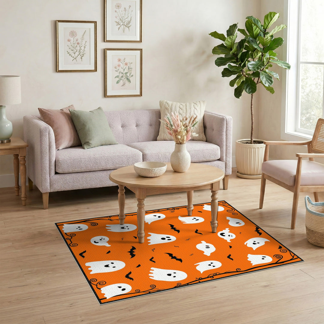 Ghosts and Bats Orange Halloween Kids Area Rug