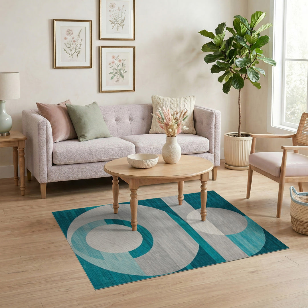 Blue and Teal Geometric Circles Modern Area Rug