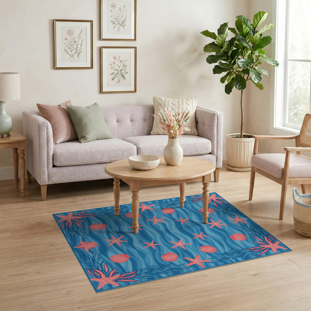 Blue Starfish Coastal Washable Area Rug