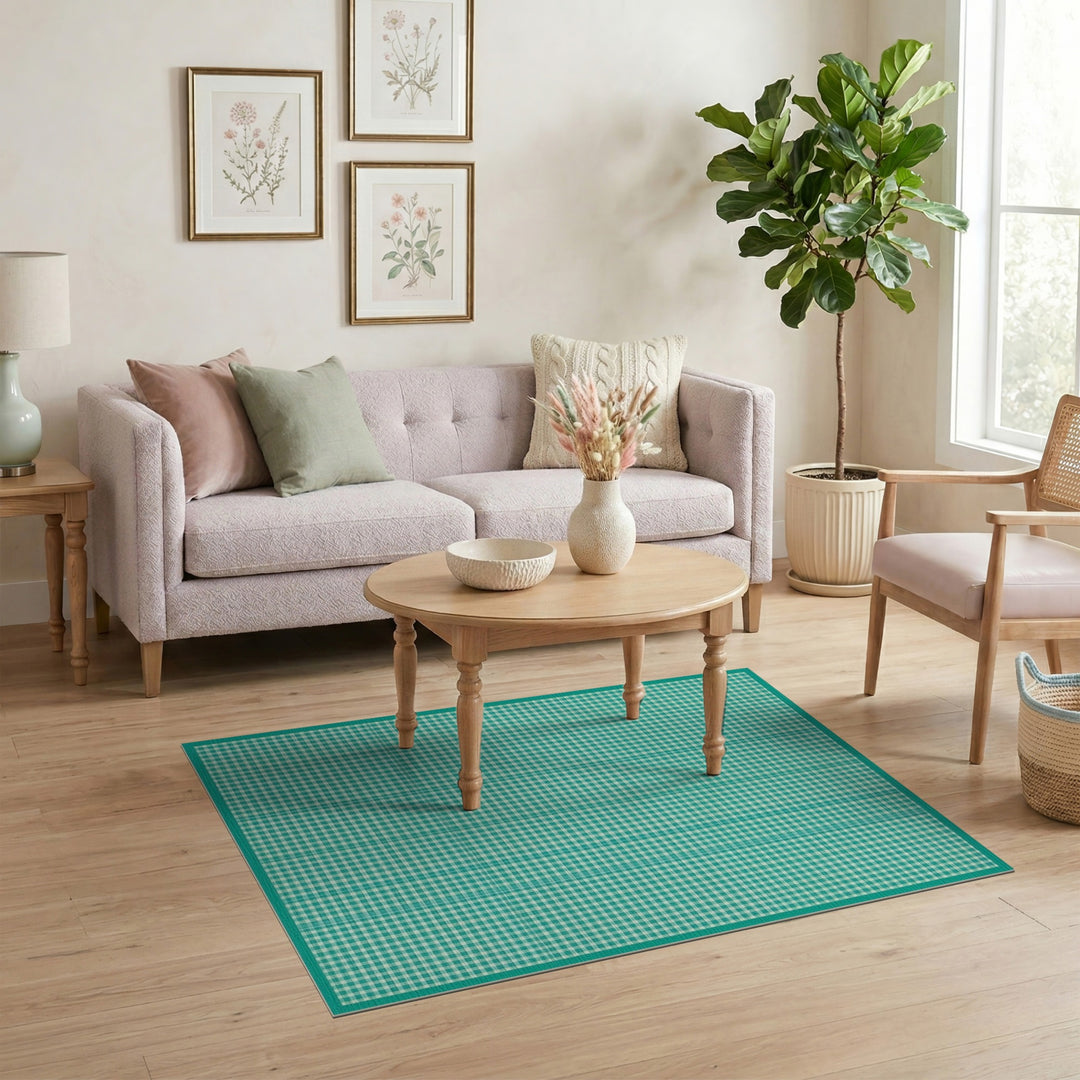 Teal Gingham Checkered Washable Area Rug