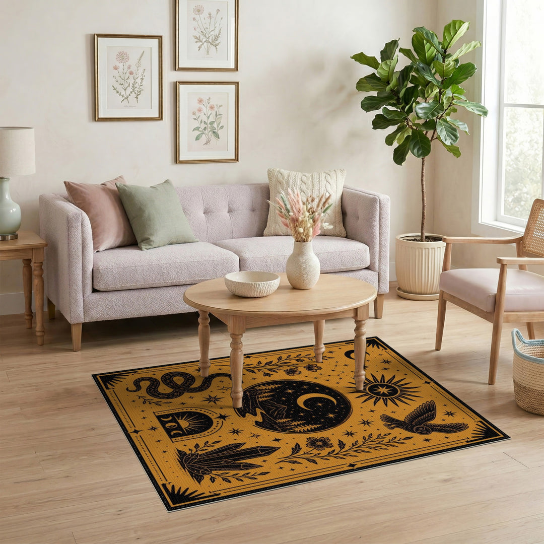 Celestial Boho Area Rug with Snake Owl and Moon