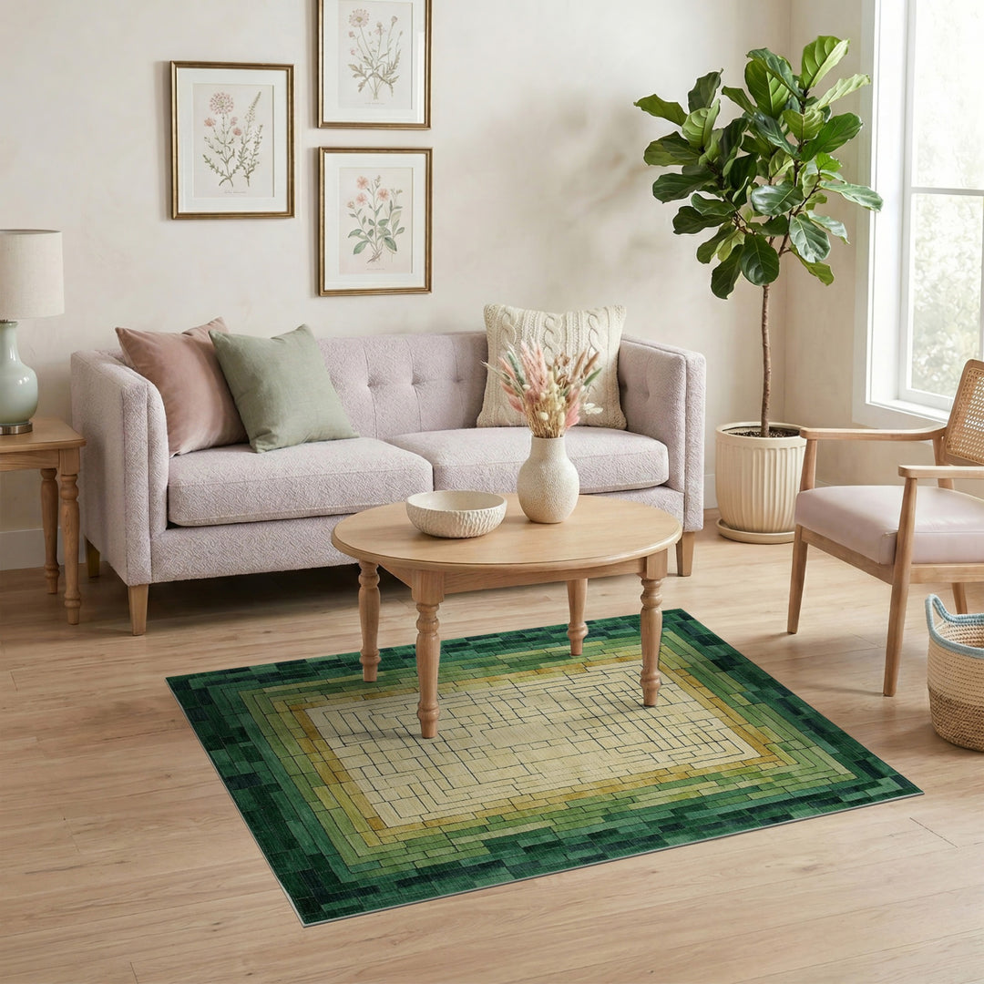 Green Geometric Maze Geometric Modern Area Rug