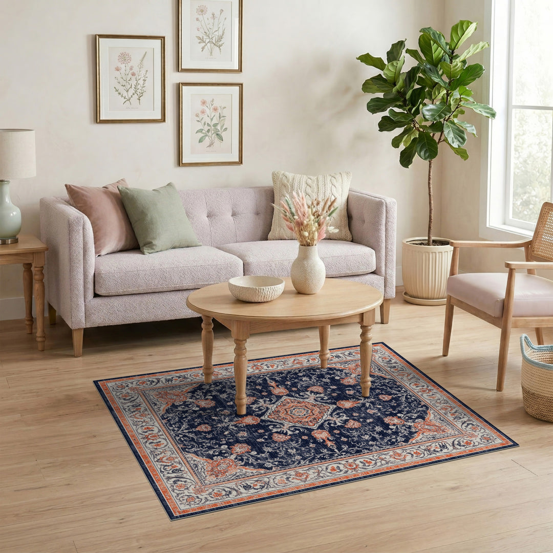Blue and Teal Navy Blue Floral Traditional Persian Area Rug