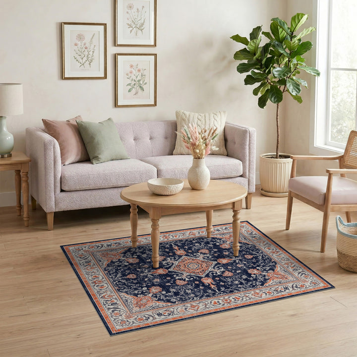 Blue and Teal Navy Blue Floral Traditional Persian Area Rug