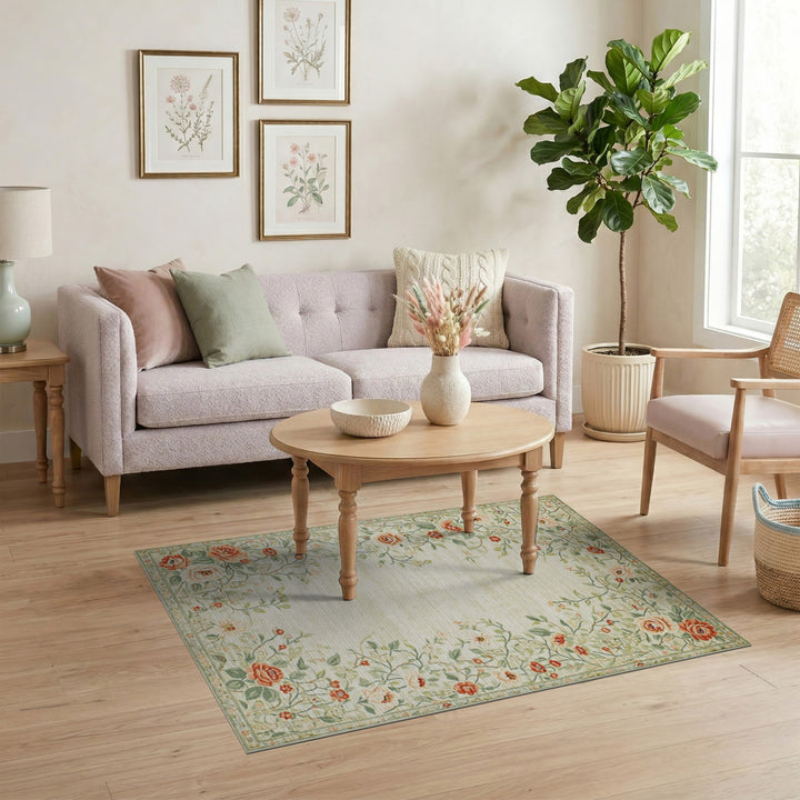 Vintage Floral Rose Area Rug in Soft Green