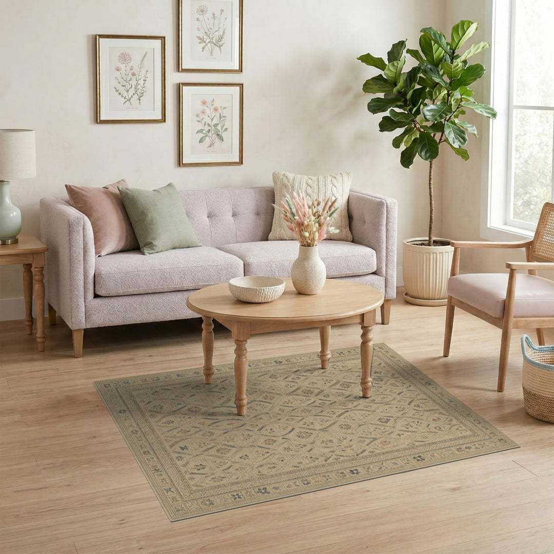 Beige Distressed Floral Lattice Rug