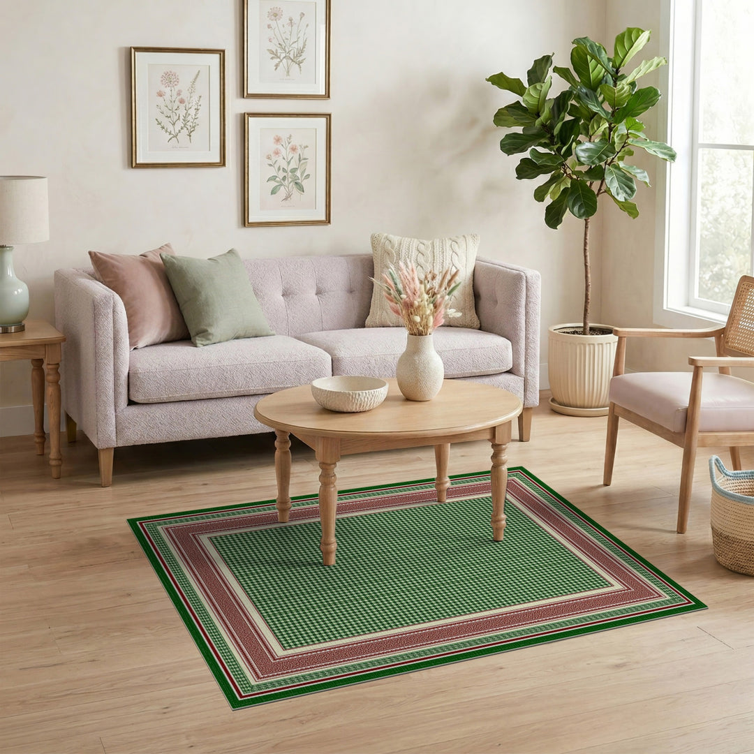 Green Checkered Area Rug with Red Border