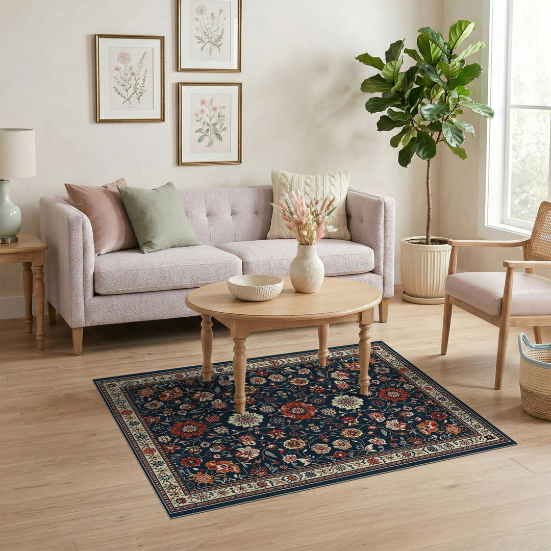 Navy Floral Traditional Persian Area Rug