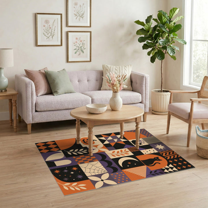 Halloween Geometric Area Rug with Pumpkins and Cats
