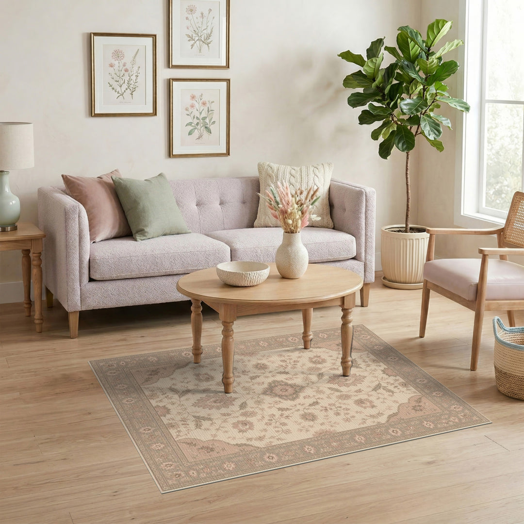 Beige Floral Medallion Vintage Rug