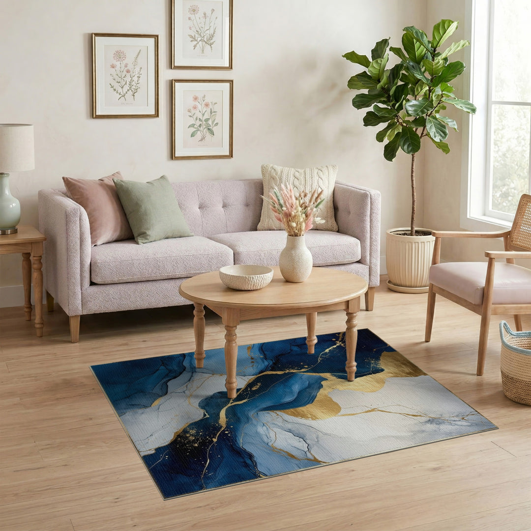 Blue and Teal Navy Blue Gold Marble Abstract Area Rug