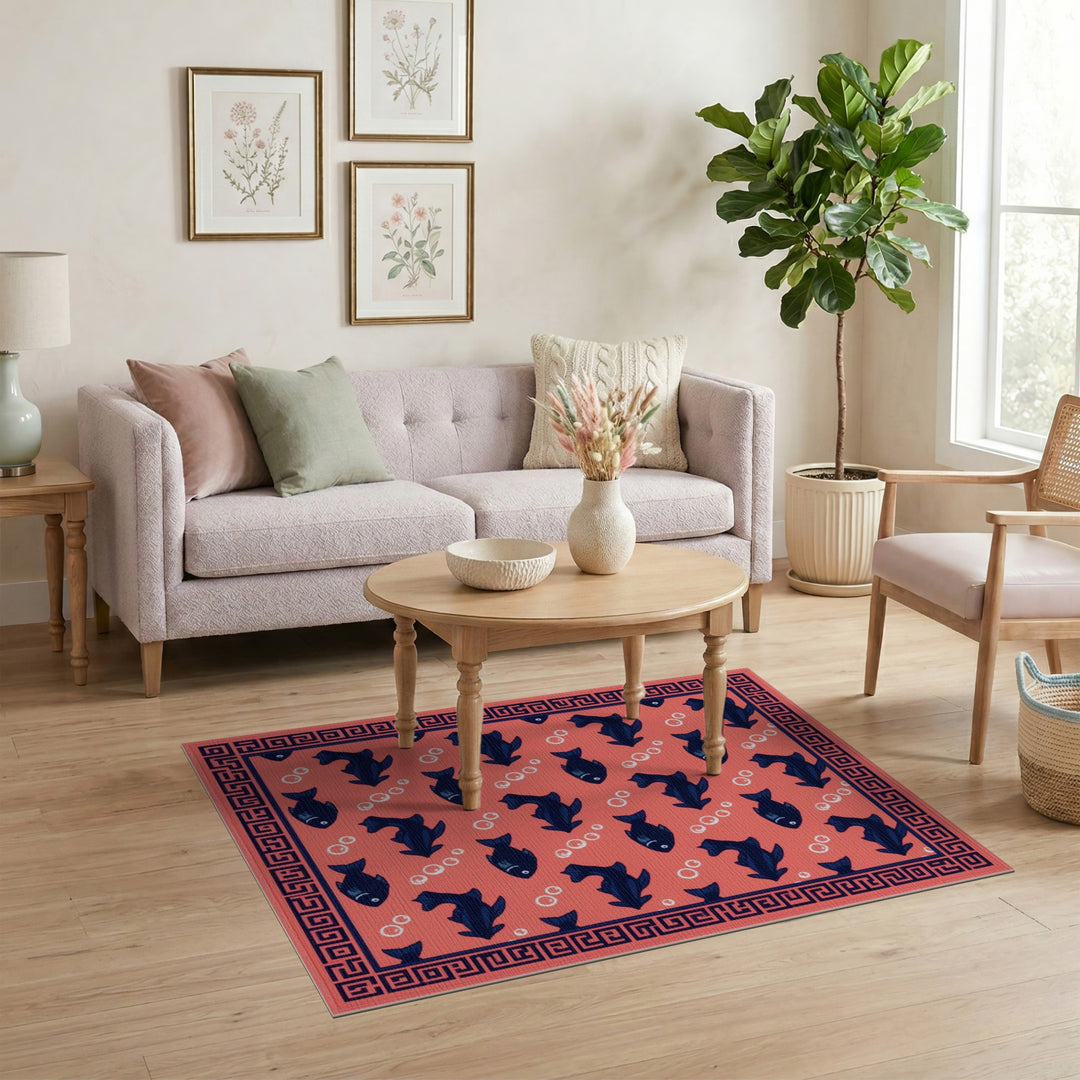Coral Red Fish Area Rug with Navy Border
