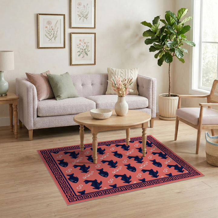 Coral Red Fish Area Rug with Navy Border