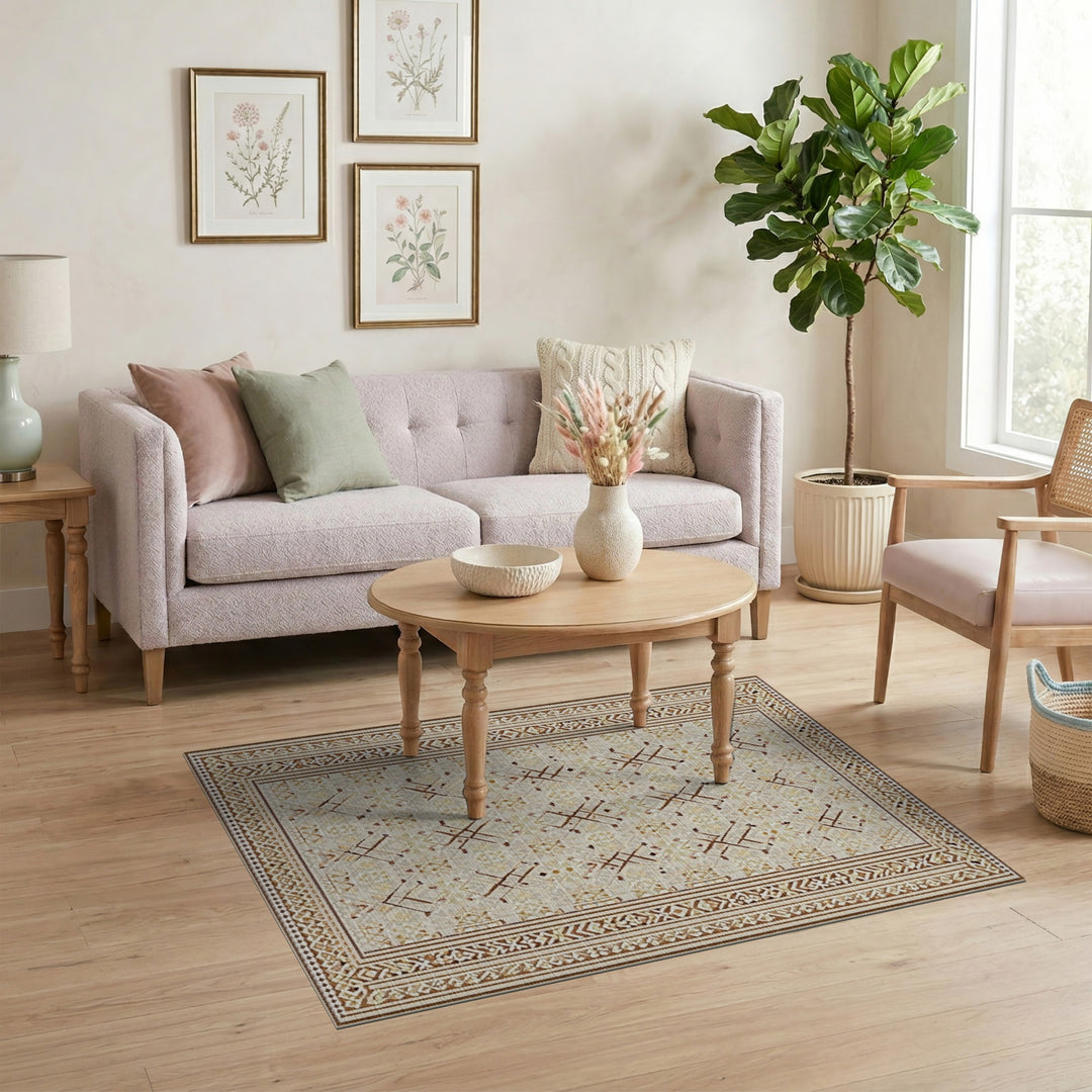 Beige Brown Geometric Tribal Area Rug