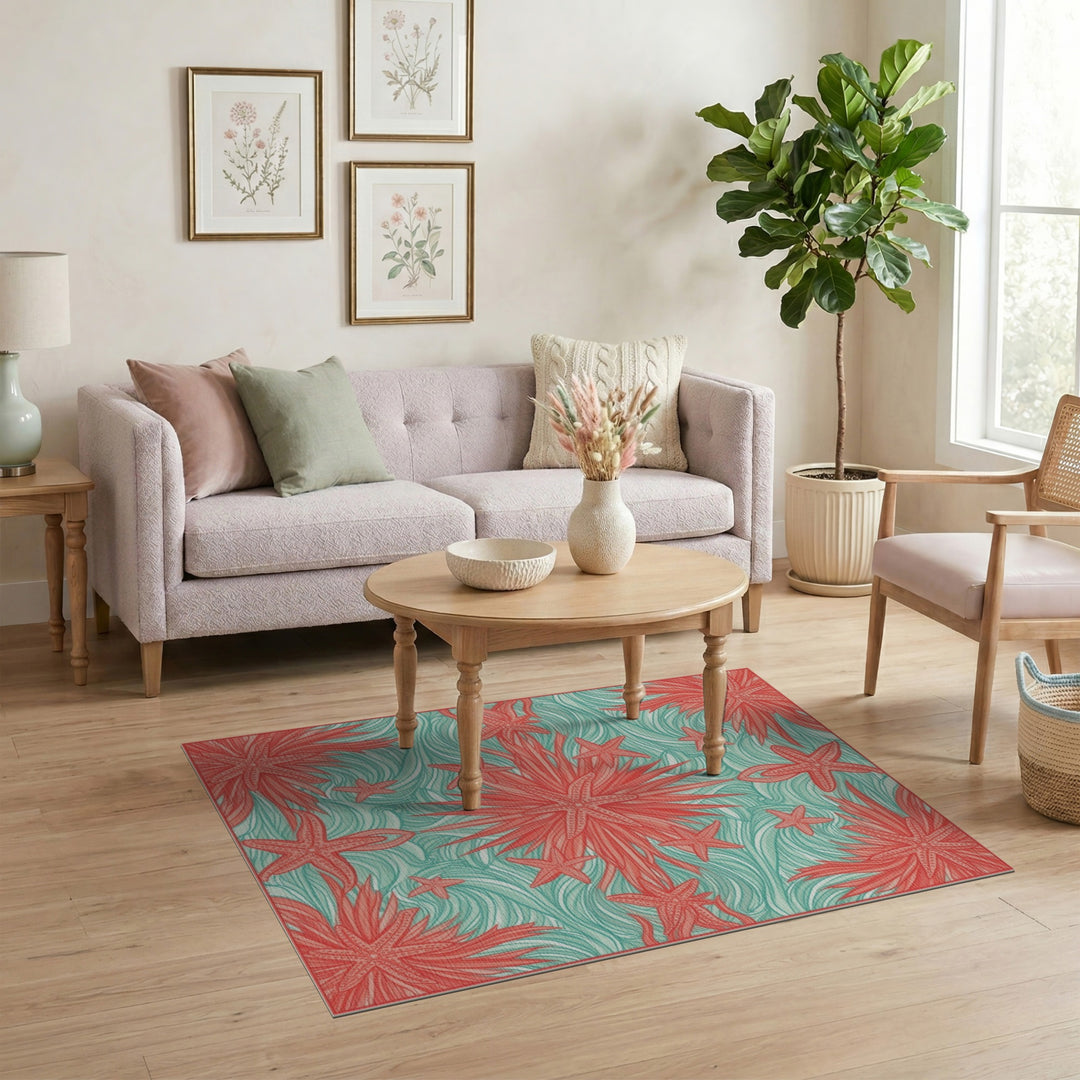 Coral Starfish Teal Wave Area Rug