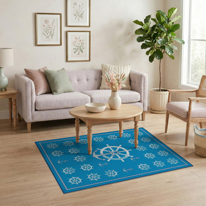 Blue Nautical Ship Wheel Anchor Area Rug