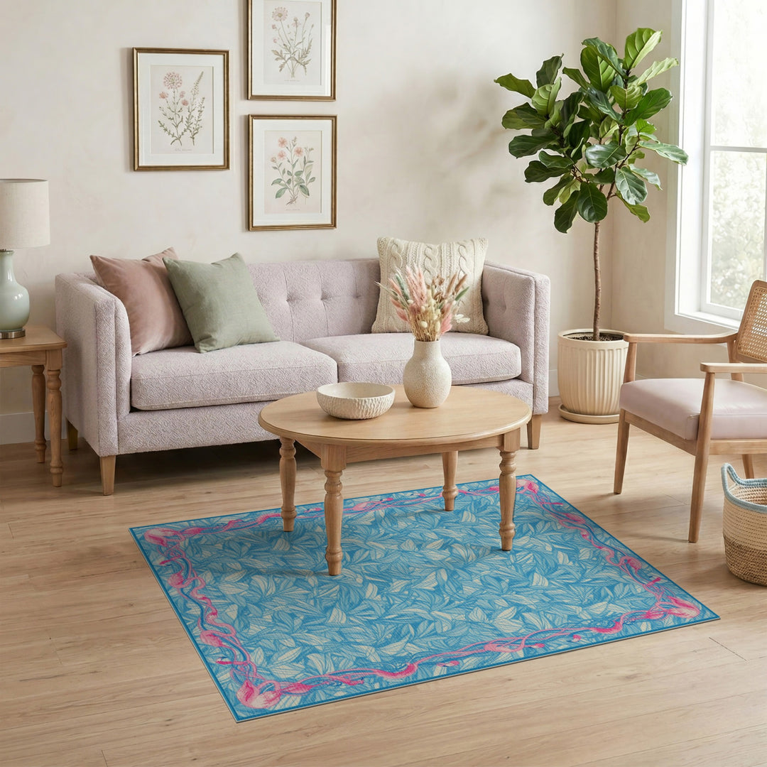Blue Flamingo Border Washable Area Rug