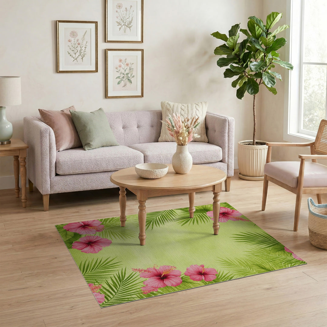 Pink Hibiscus Palm Leaf Washable Area Rug