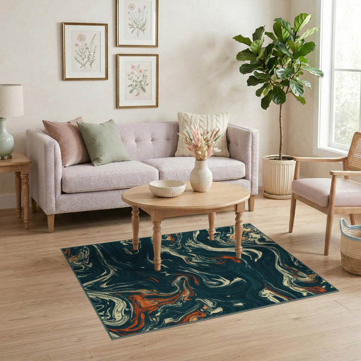 Blue Teal Swirl Abstract Area Rug