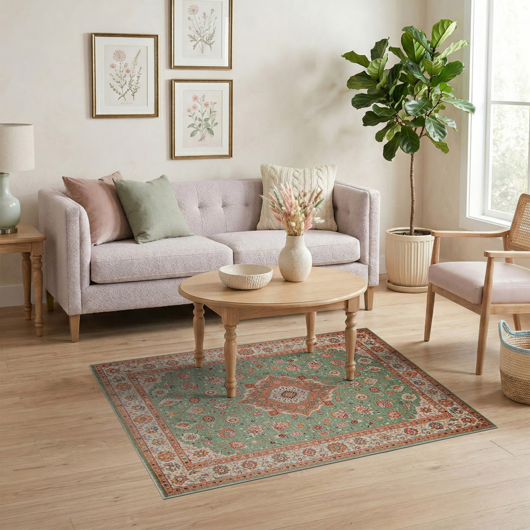 Green Persian Floral Medallion Traditional Persian Area Rug