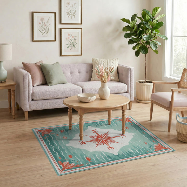 Coastal Compass Teal Area Rug