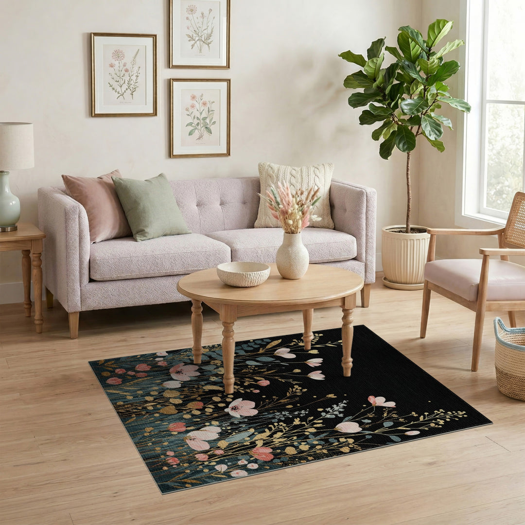 Pink Floral Gold Washable Area Rug
