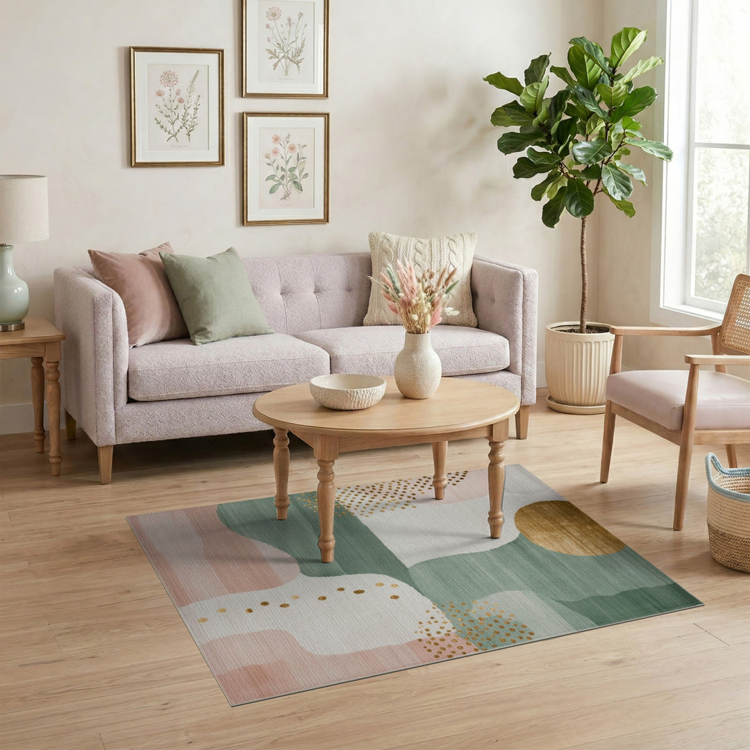 Abstract Teal Pink Gold Dot Area Rug