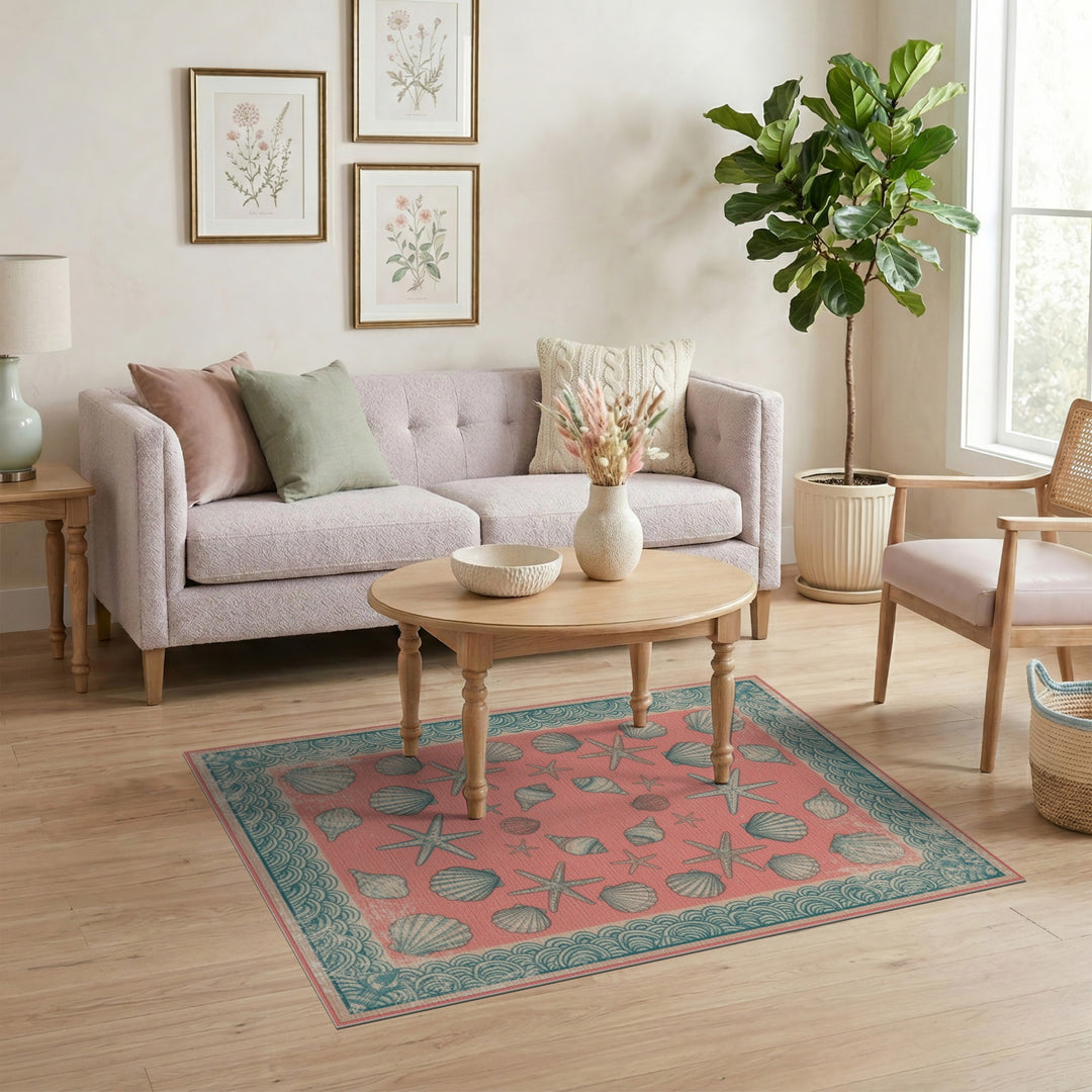 Pink Coastal Seashell Starfish Area Rug