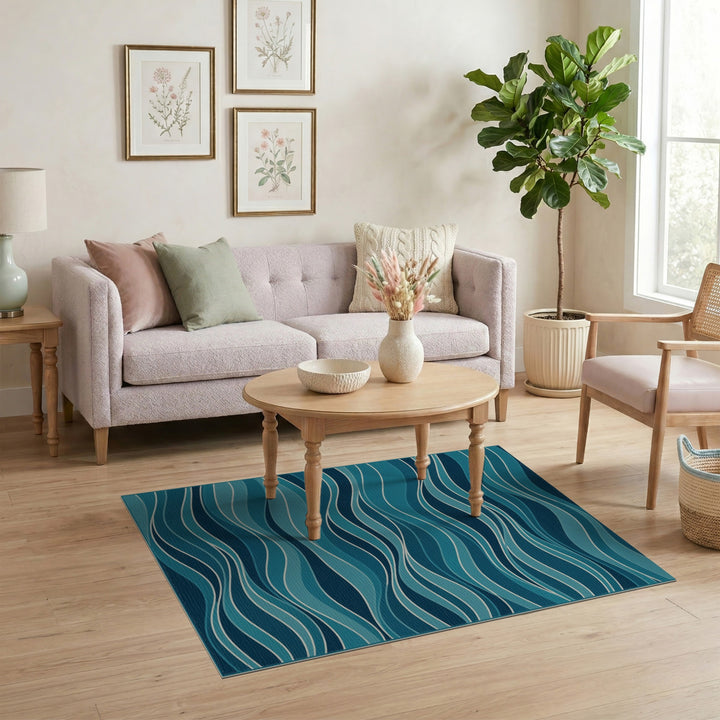 Teal Wave Blue Coastal Area Rug