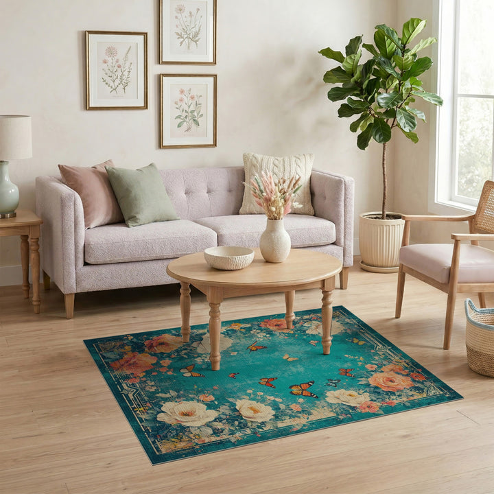 Distressed Teal Floral Vintage Area Rug with Butterflies