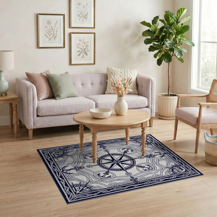 Coastal Beach Nautical Compass Anchor Area Rug