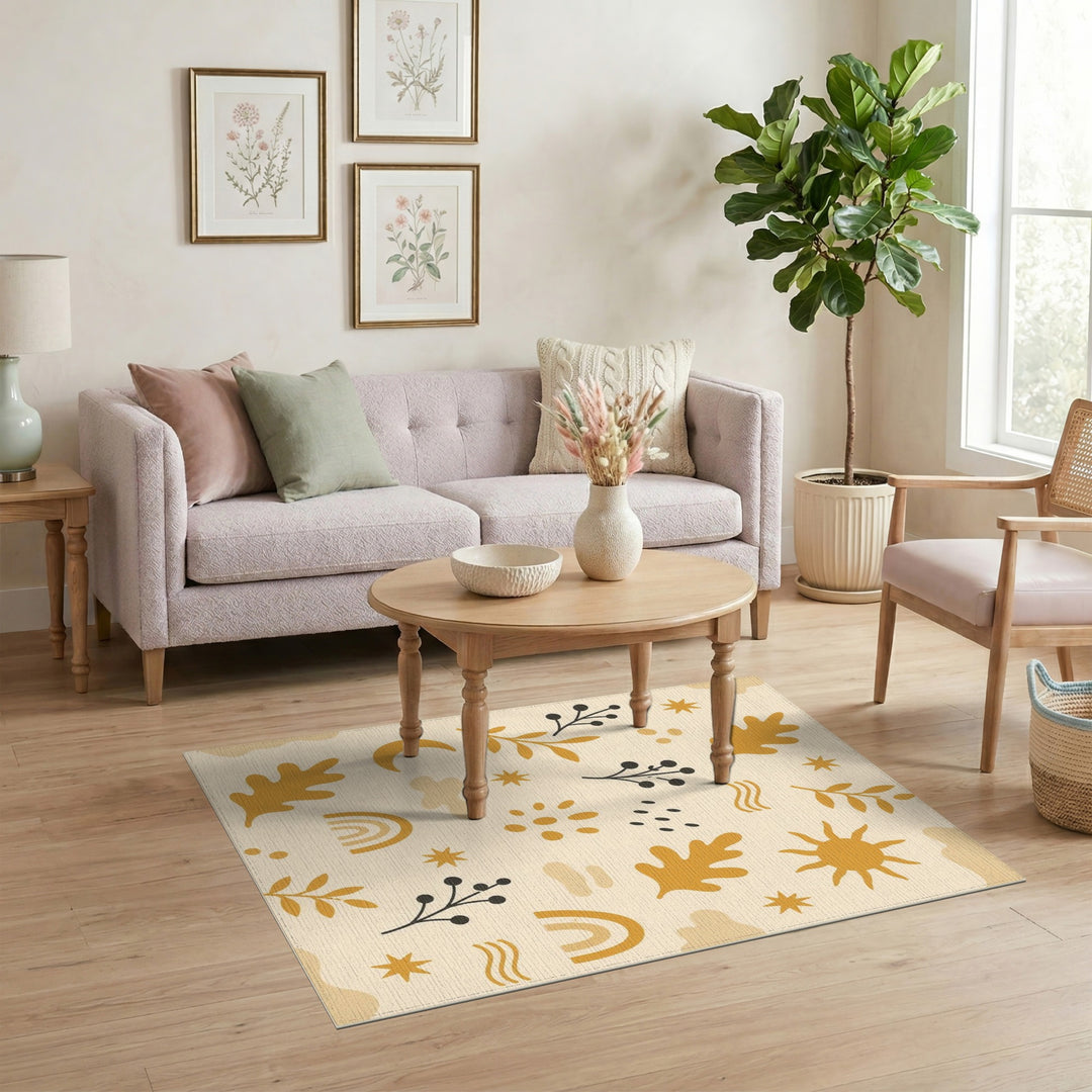 Beige Boho Chic Washable Area Rug with Sun Moon Leaves