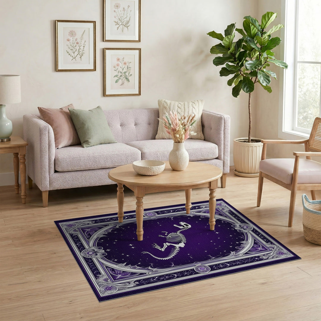 Starry Purple T-Rex Skeleton Area Rug