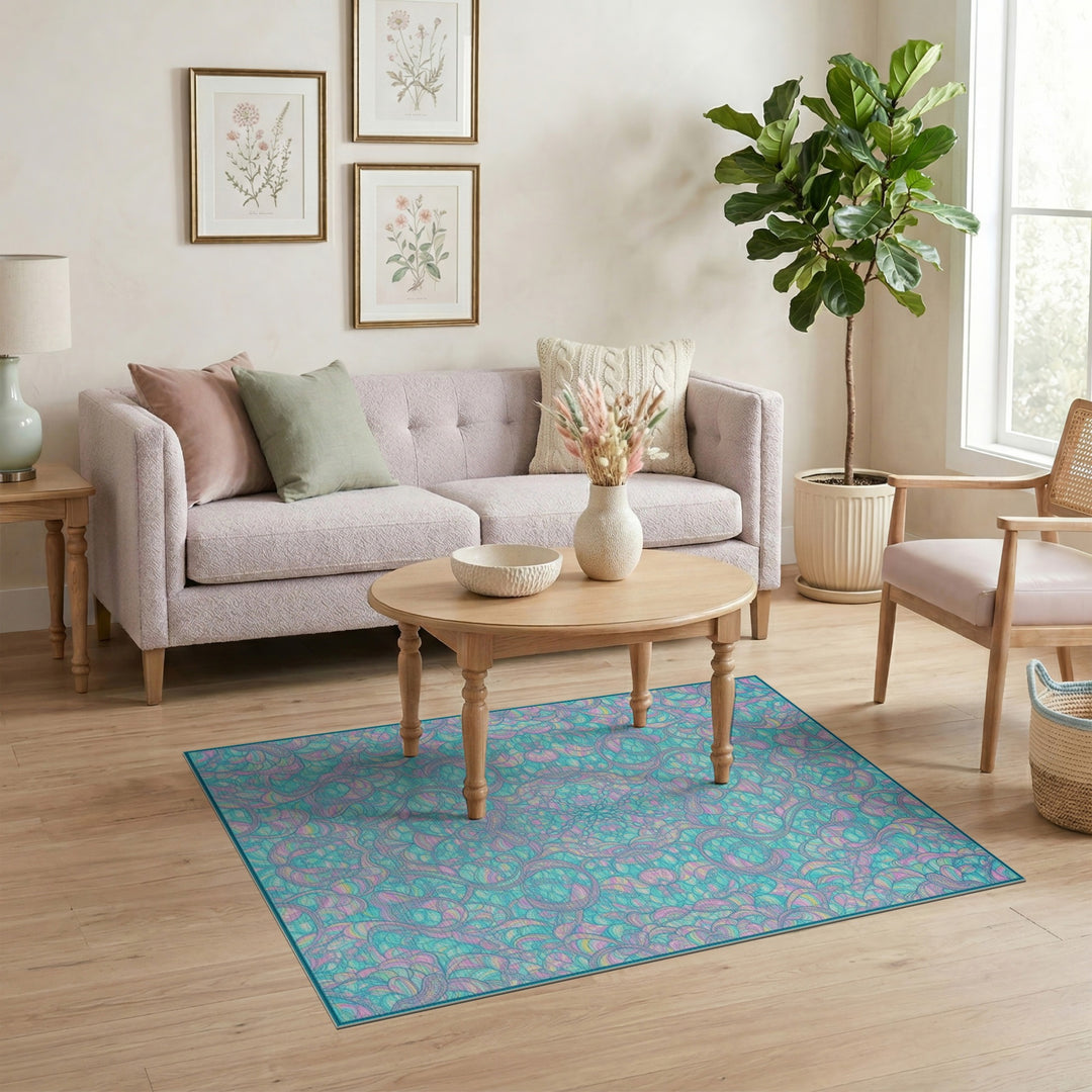 Teal Boho Floral Swirl Area Rug