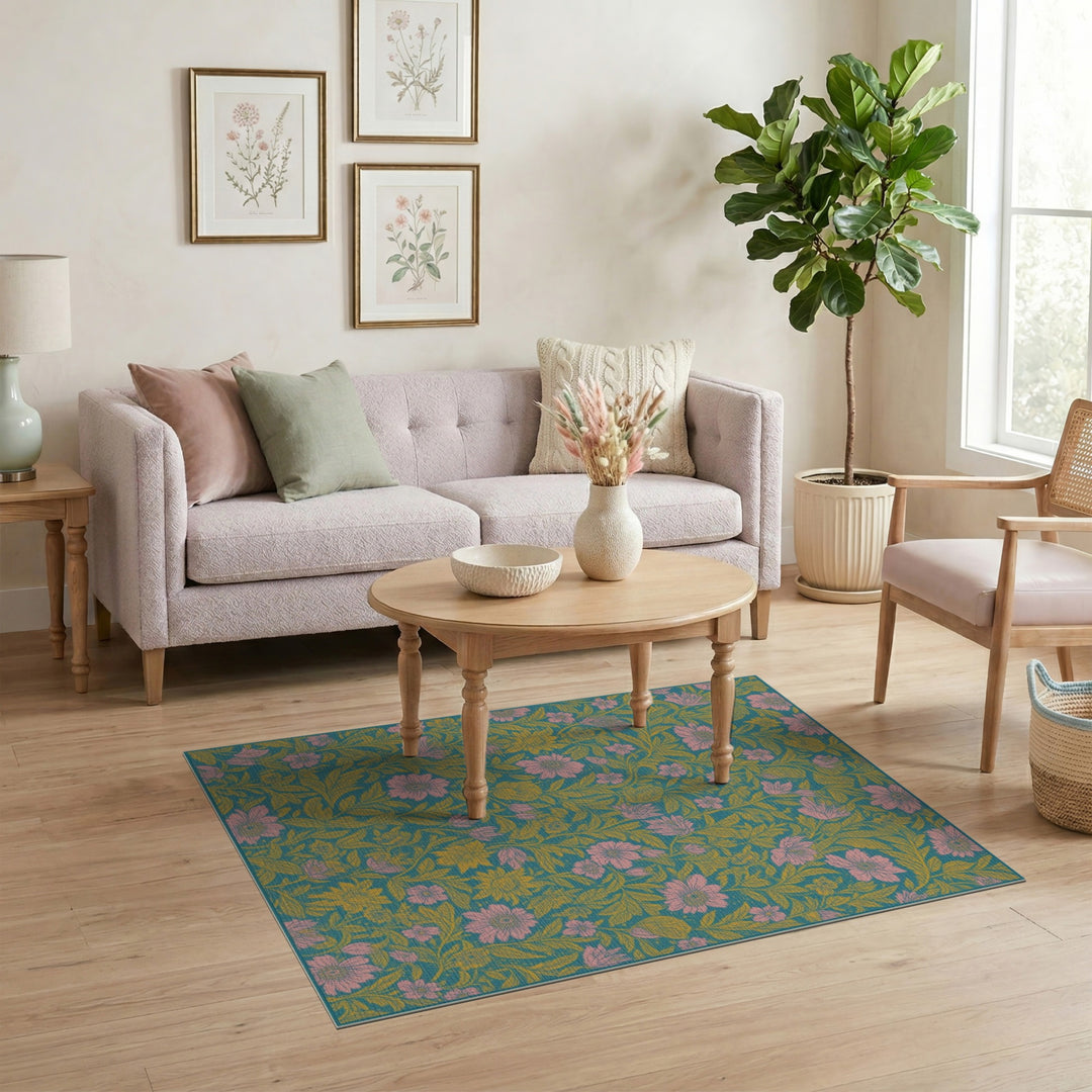 Teal Vintage Floral Washable Area Rug