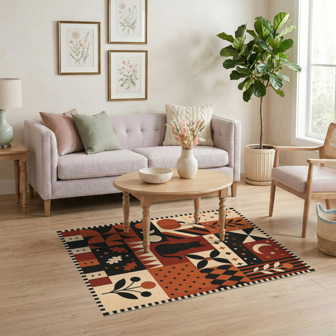 Geometric Black Cat Pumpkin Area Rug