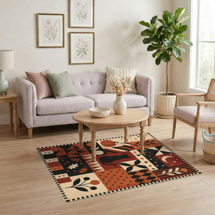 Geometric Black Cat Pumpkin Area Rug