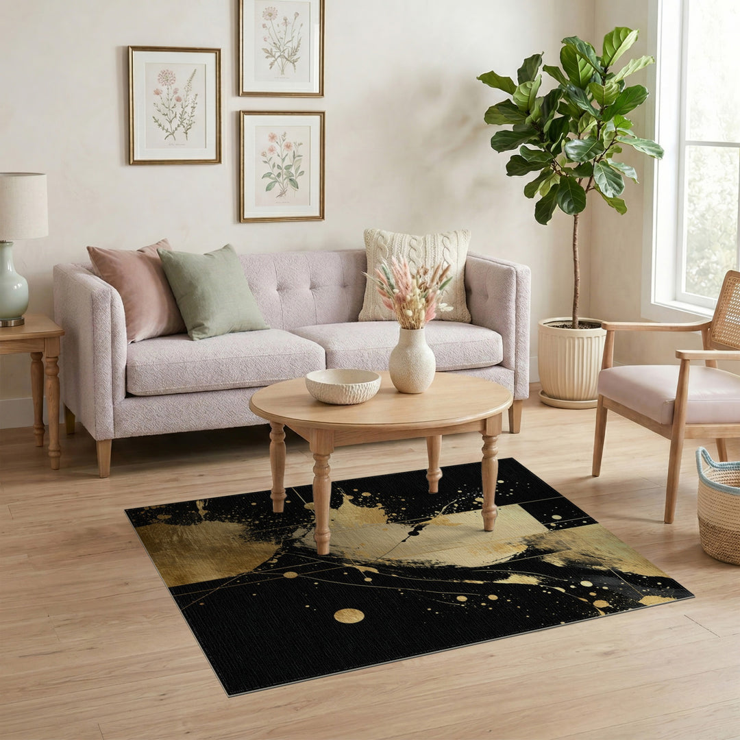 Black Gold Abstract Washable Area Rug