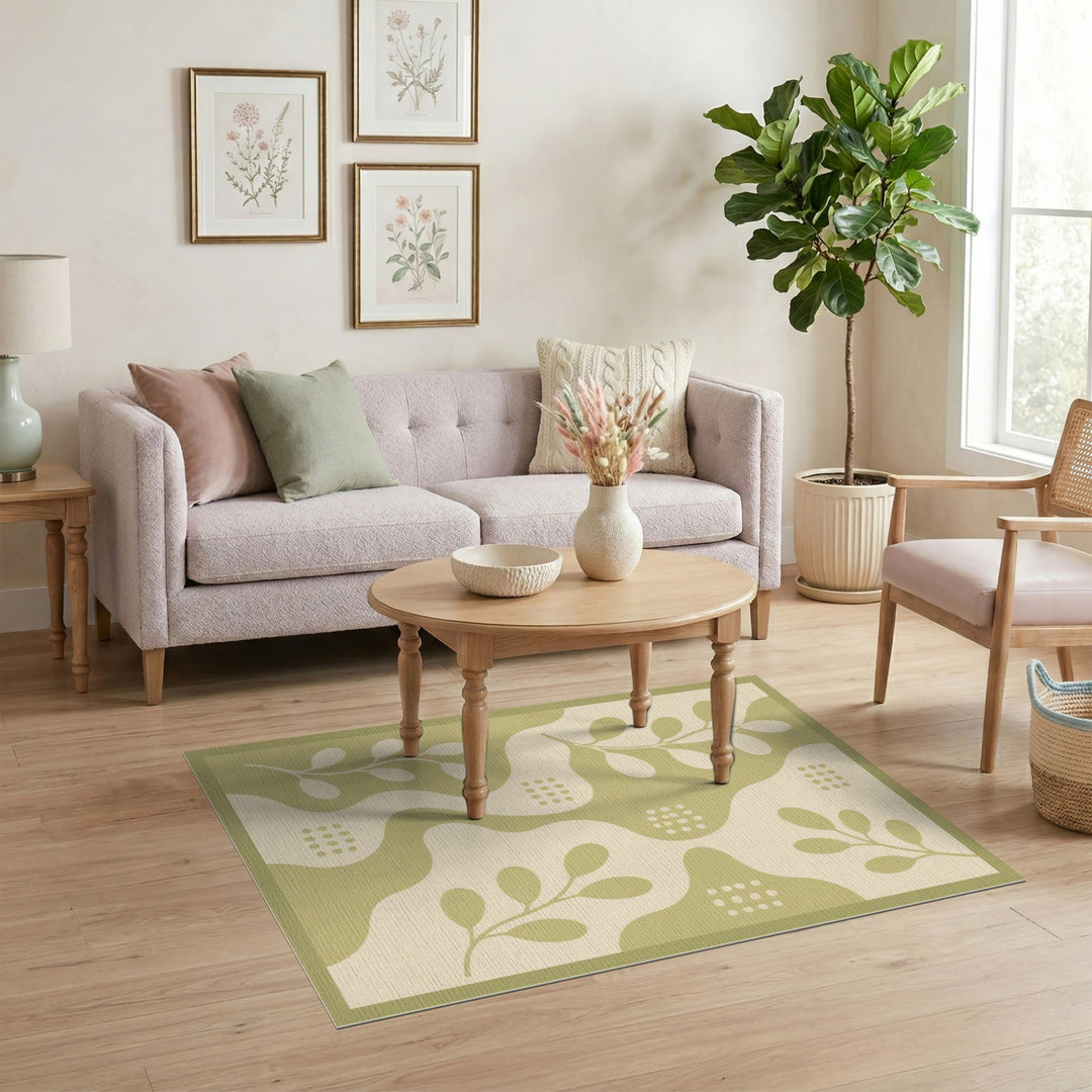 Sage Green Boho Leaf Area Rug