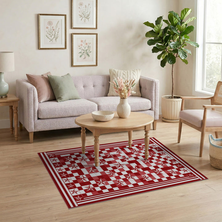 Red Checkered Star Washable Area Rug