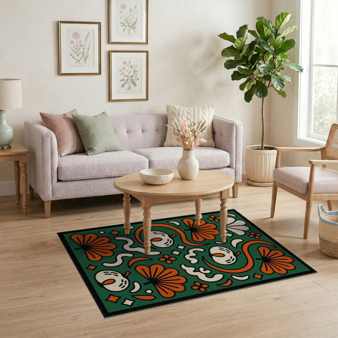 Green Floral Swirl Area Rug