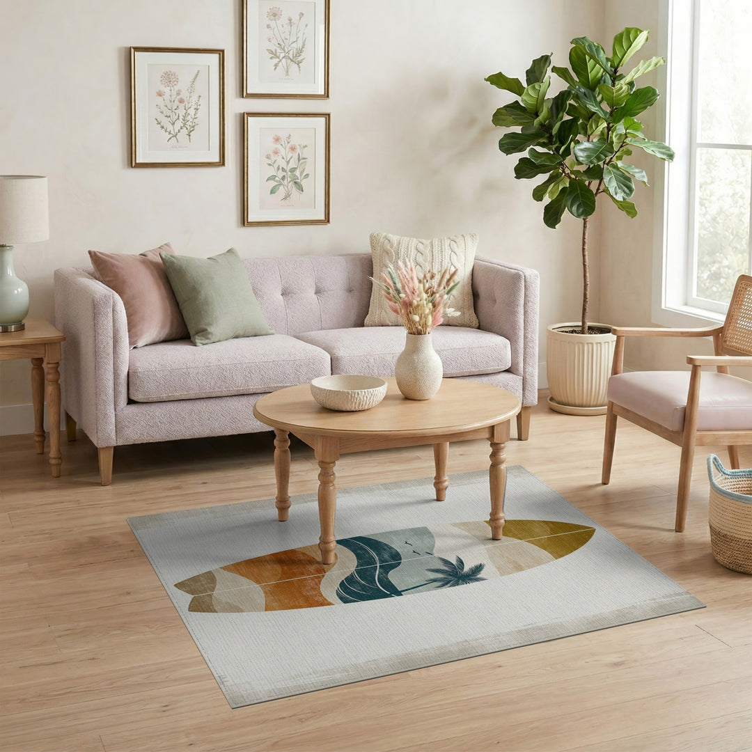 Coastal Surfboard Palm Tree Area Rug
