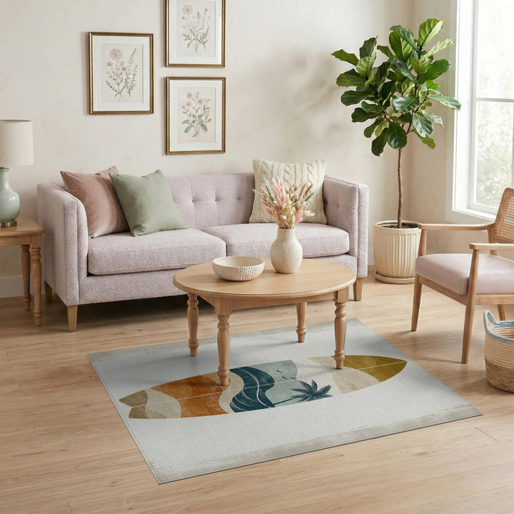 Coastal Surfboard Palm Tree Area Rug