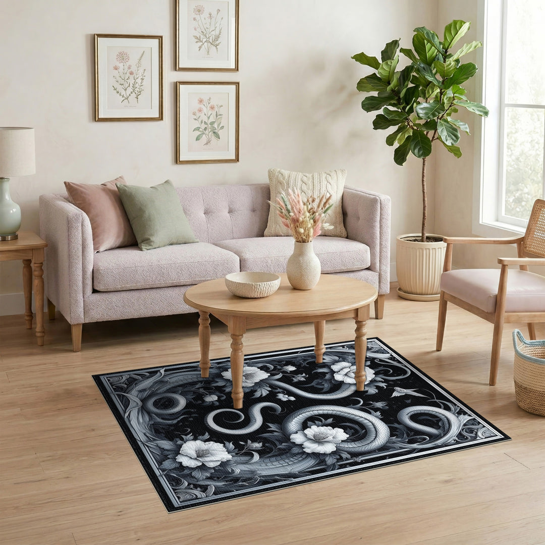 Black White Serpent Floral Area Rug