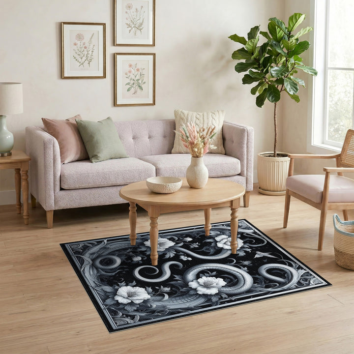 Black White Serpent Floral Area Rug