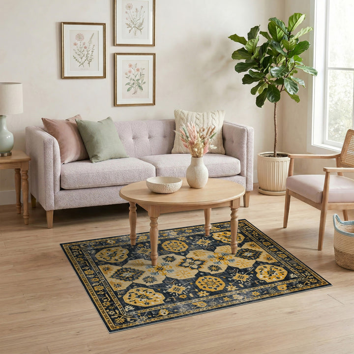 Distressed Navy Yellow Floral Vintage Area Rug