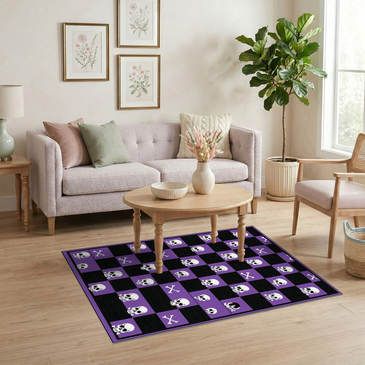 Purple Skull Checkered Washable Area Rug