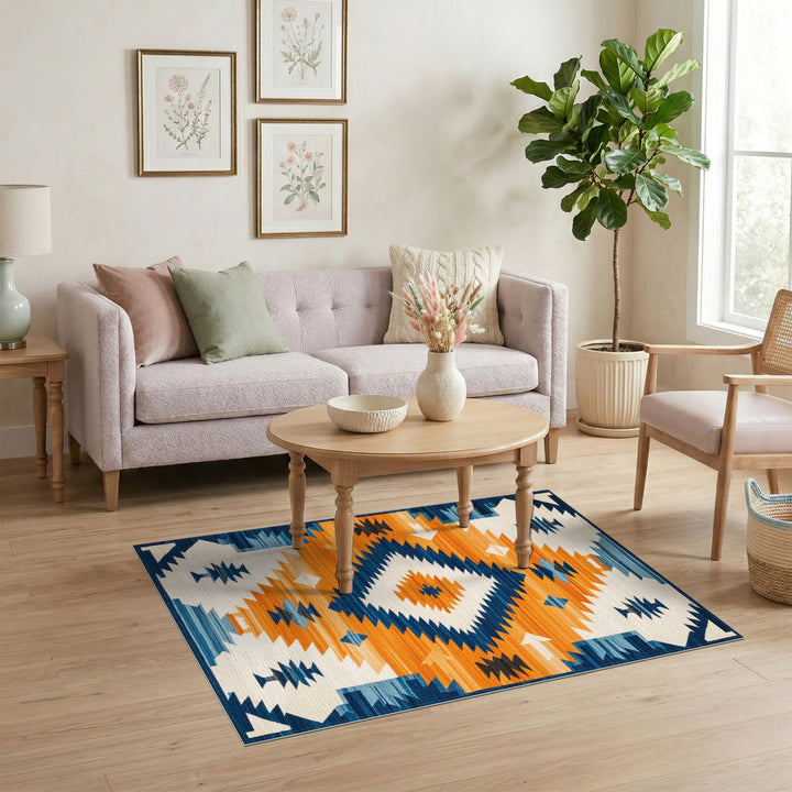 Multi-color and Patterns Southwestern Geometric Area Rug in Blue and Orange